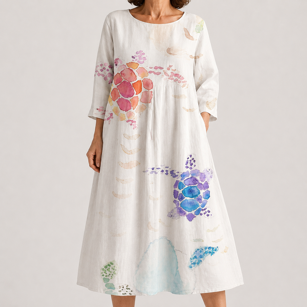 Vestido Midi con Tortugas Marinas de Estilo Delicado