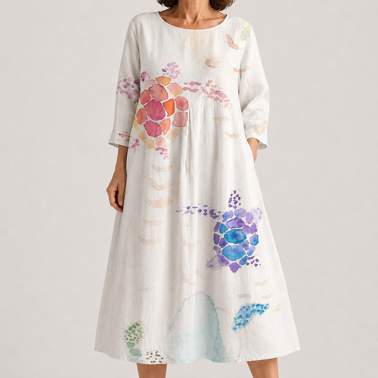Vestido Midi con Tortugas Marinas de Estilo Delicado