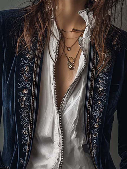 Adriana | Chaqueta Larga Bordada Vintage Azul Marino