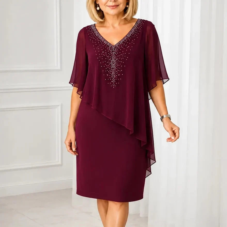 Joaquina | Vestido Midi de Invitada con Capa de Gasa y Escote en Pico