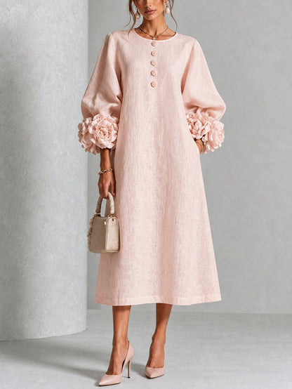 Azucena | Vestido Midi con Botones Florales y Puños de Rosa