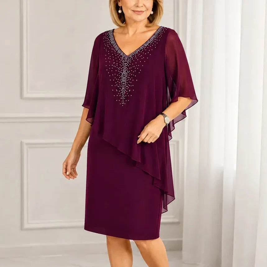 Joaquina | Vestido Midi de Invitada con Capa de Gasa y Escote en Pico