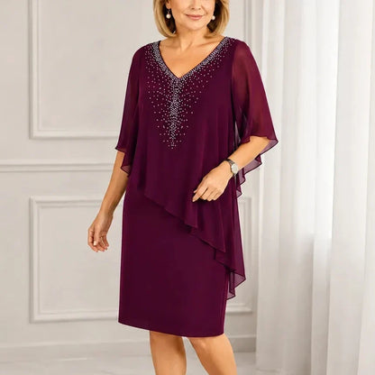 Joaquina | Vestido Midi de Invitada con Capa de Gasa y Escote en Pico