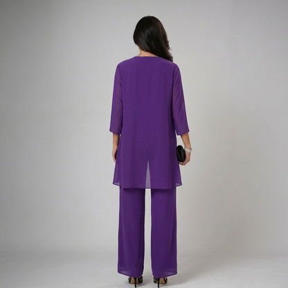 Itziar | Conjunto de Tres Piezas de Gasa con Pedrería y Pantalón Ancho
