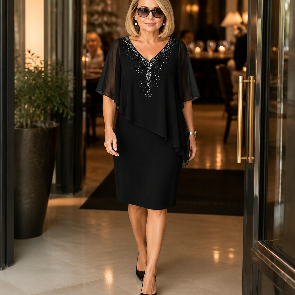 Joaquina | Vestido Midi de Invitada con Capa de Gasa y Escote en Pico